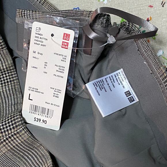Uniqlo Side Button Checkered Wrap Skirt Gray Large Minimalist Preppy Academia - Picture 6 of 7